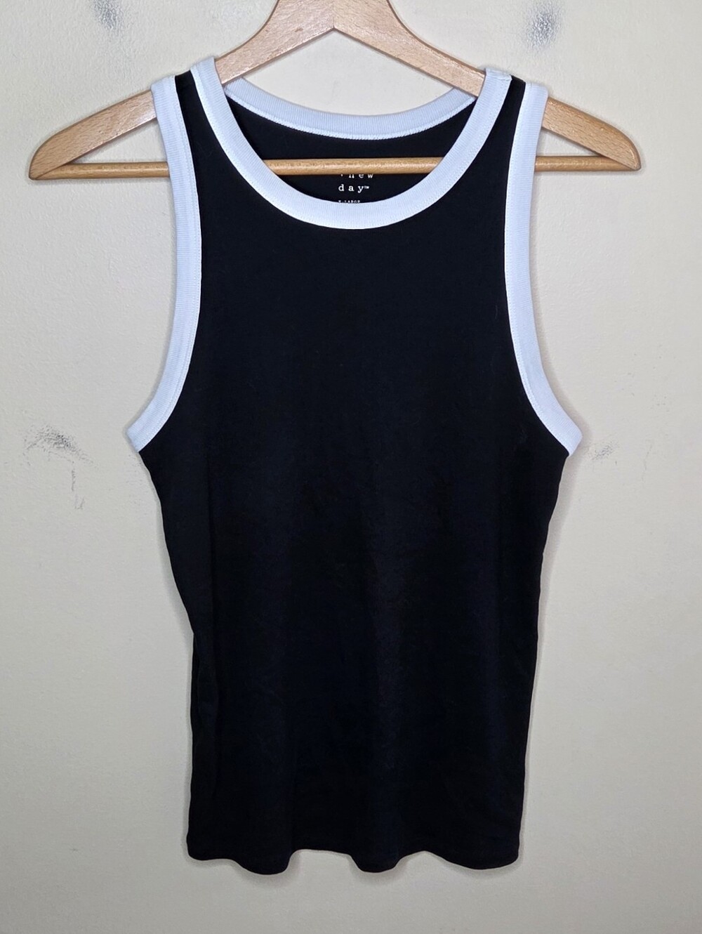 A New Day Black White Trim Ribbed Stretch Tank Top Size XL Casual Sporty Basic